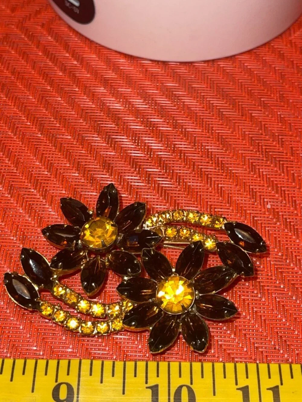 Vtg MCM Amber & Topaz Rhinestone Floral Brooch With Marquise & Chaton Stones In